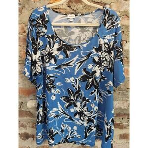 Avenue Womens Plus Top Size 18/20 Blue Floral Print Cutout Sleeve Blouse